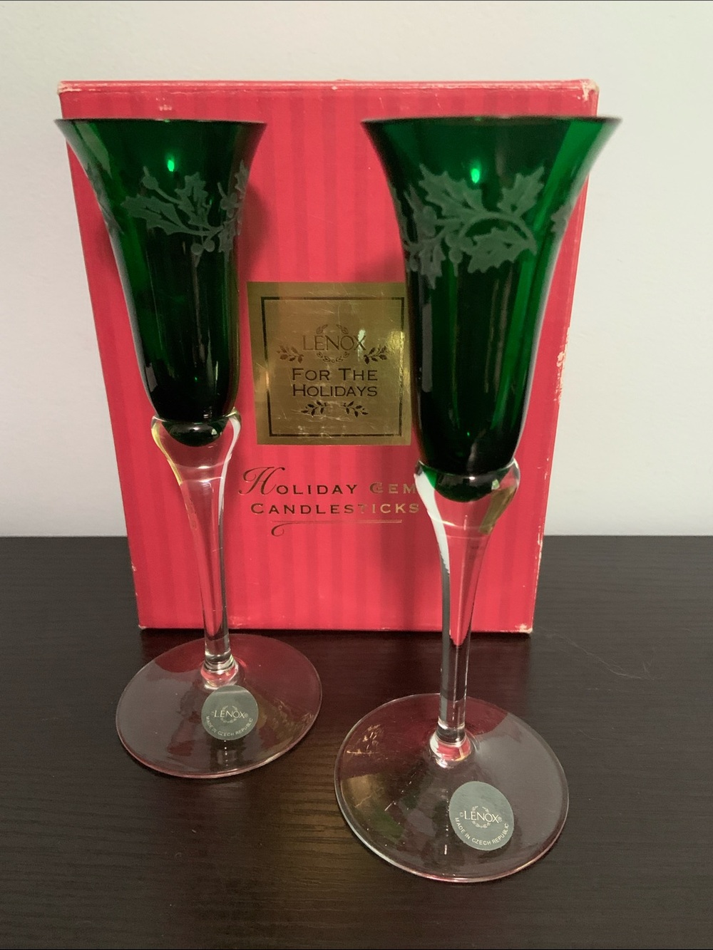 Lenox Holiday Gems Candlesticks Etched Holly Leaves and Berries on Green Glass